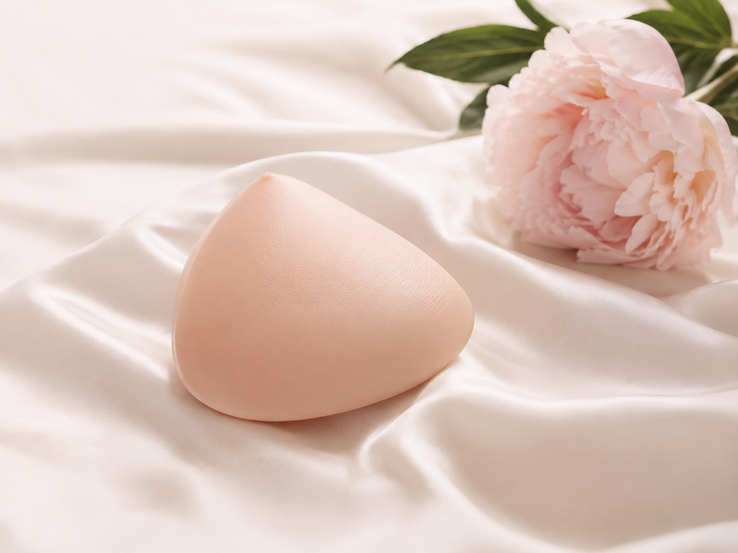 Editorial breast form on soft fabric with a blush flower